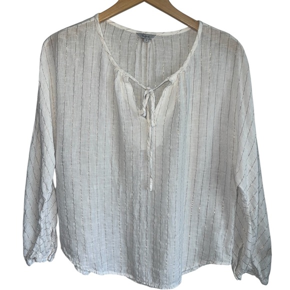 RAILS Finn Striped Linen Long Sleeve Top in Rose Gold Metallic | White Blouse S - Picture 2 of 7
